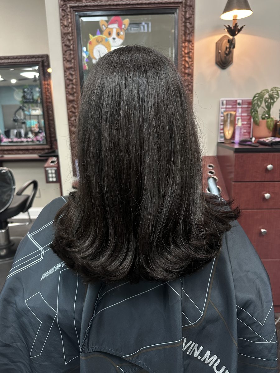 Back view of shoulder-length dark brown hair with blunt ends and soft layers, after service by Kameryn Bell at K Bella Hair Studio & Spa in Brighton, MI