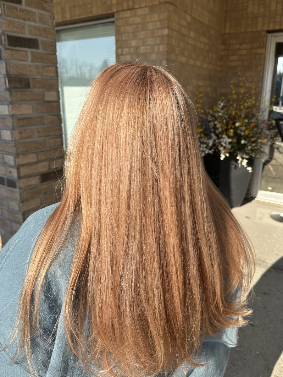Dimensional highlights and lowlights with rich custom color by Liberty Greenwood at K Bella Hair Studio & Spa in Brighton, MI